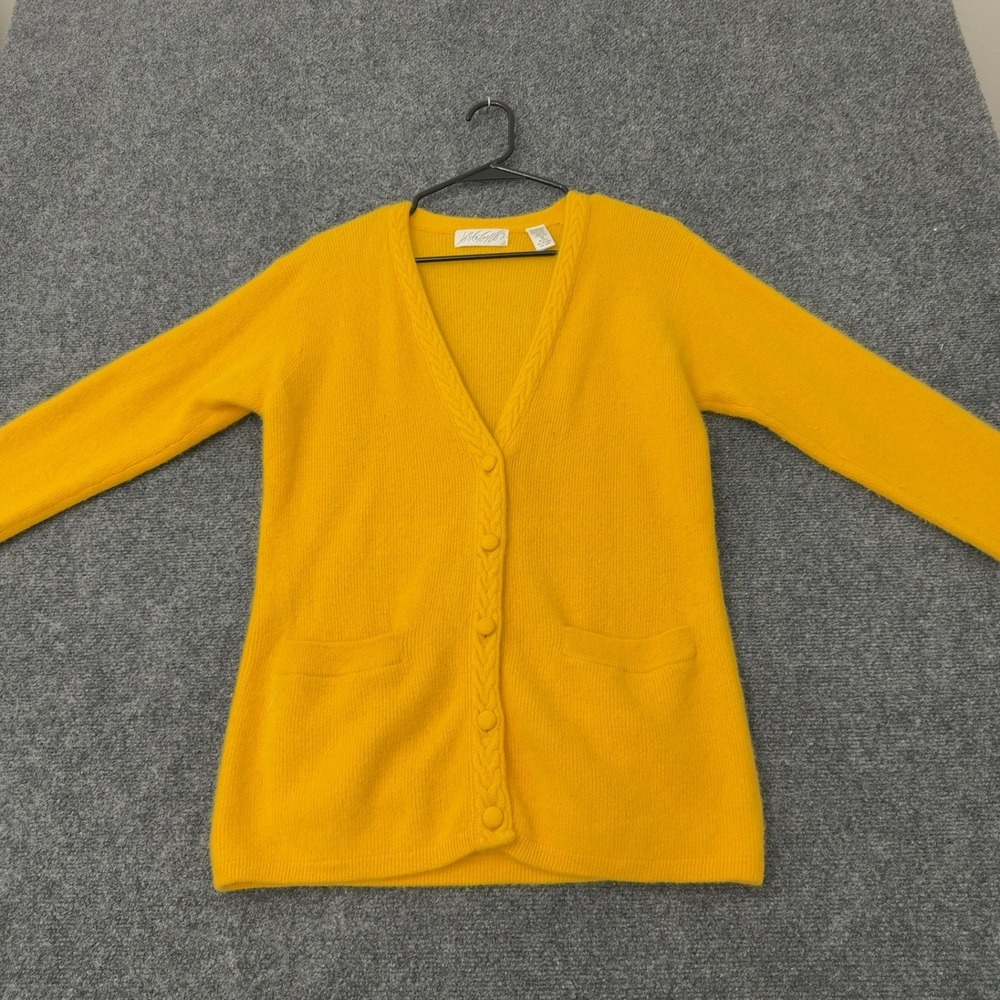 Vintage Lord & Taylor Cardigan Womens S Yellow Lambswool Angora Cable Preppy